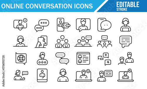Digital technology online conference and chat icons vector line artwork