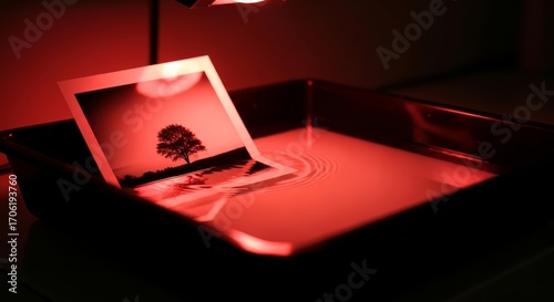 Creative process of developing a photographic print of a landscape with a lone tree in a traditional darkroom under a red safelight