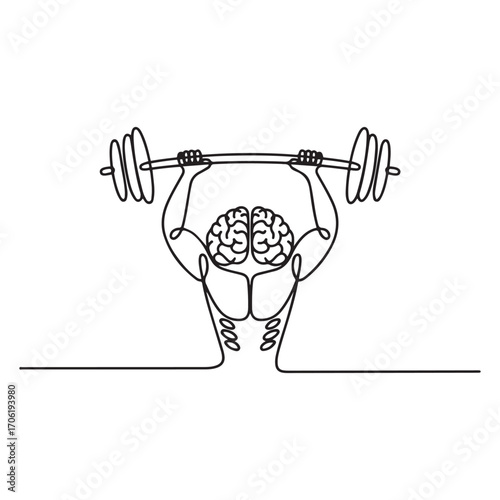 Single continuous line Art drawing of strong muscular human brain lifting barbell logo label. Fresh smart health character logotype icon concept. with white background