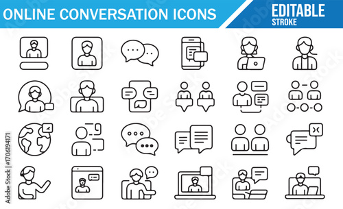 Set of online conversation icons with chat messages video call conference and communication symbols editable stroke line design black and white vector illustration for mobile app web and business conc