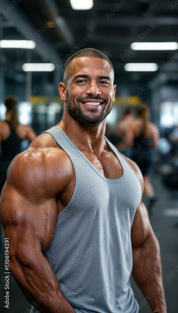 Fototapeta premium Male bodybuilder in gym, smiling, with blurred workout background