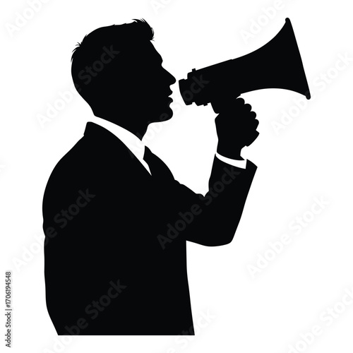 Silhouette of a businessman speaking into a megaphone making a public announcement silhouette