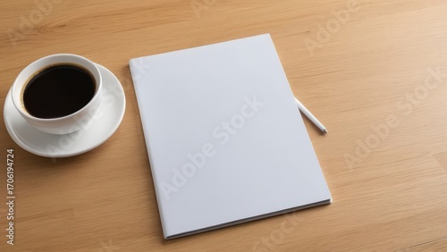 a4 brochure mockup, closed, resting next to a modern tablet showing abstract data visualization and a white coffee cup on light oak table, office workspace inspiration.