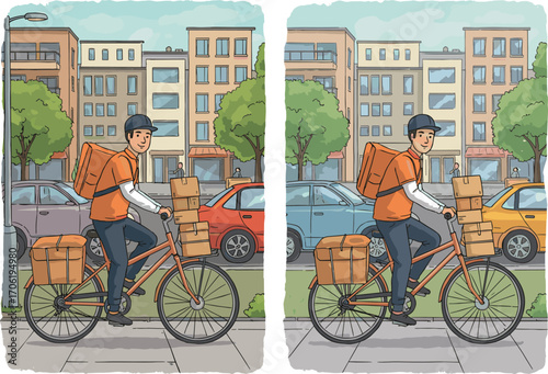 Urban delivery cyclist riding through city street with packages, helmet, and backpack — fast courier service in modern downtown environment.