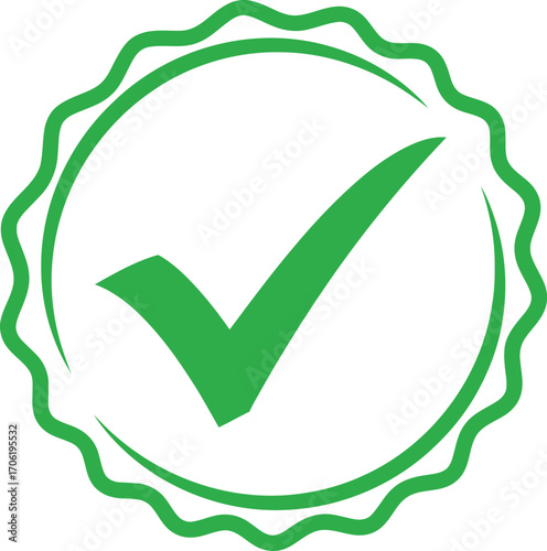 Green Check Mark Inside Scalloped Circle Shape on White Background, Approved Icon