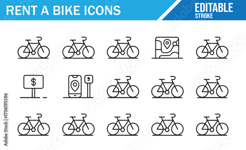 Editable stroke line icons for bike rental service transportation concept