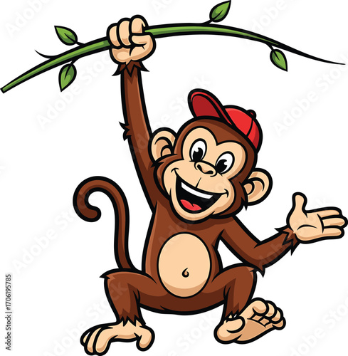 Cartoon monkey in a red cap swinging from a vine with a joyful expression