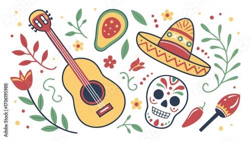 Vector illustration of colorful illustration of mexican cultural elements including a guitar, sombrero, skull, avocado, and chili pepper, set against a