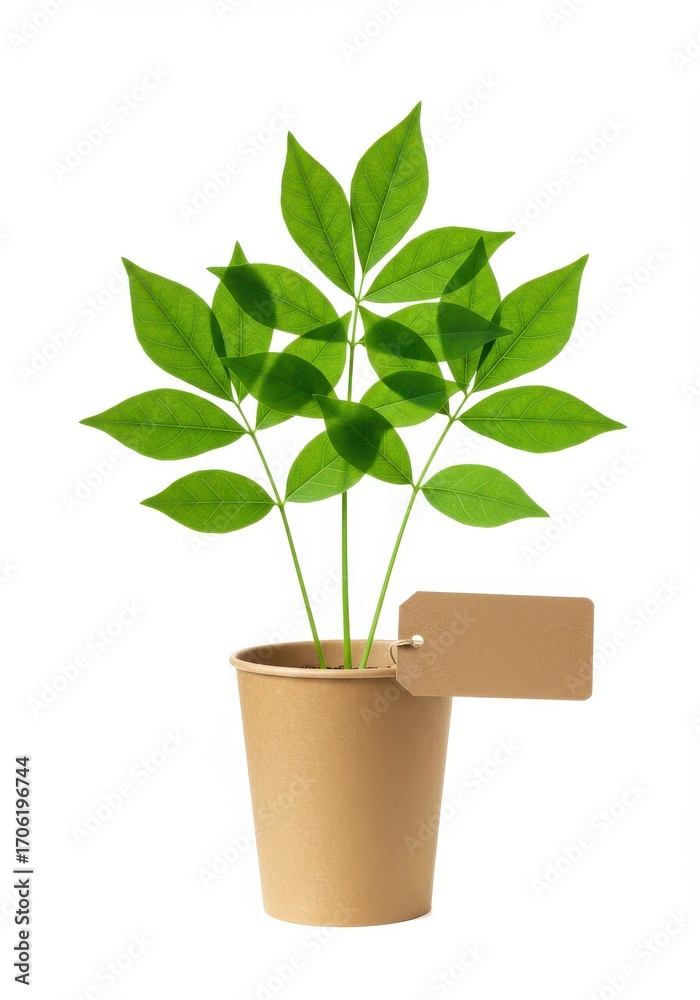 Fototapeta premium Green plant in a pot with a blank tag isolated on white background