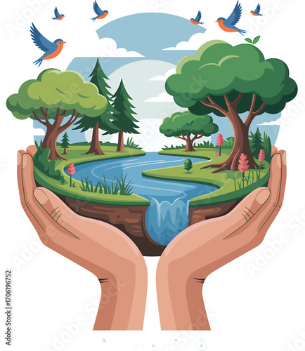 Brownskinned hands are gently holding a small nature with river, trees and birds, transparent background