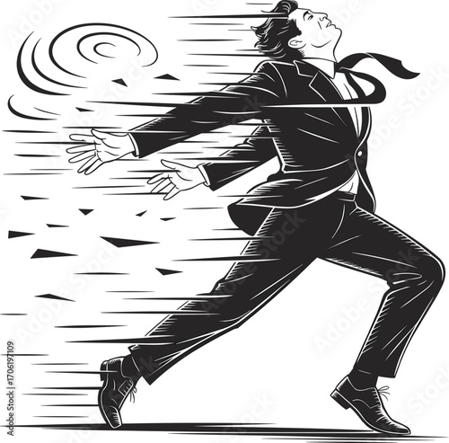 Businessman running fast in motion blur, symbolizing success, freedom, energy, speed, and ambition in a corporate race or breakthrough conceptBusinessman running fast in mo