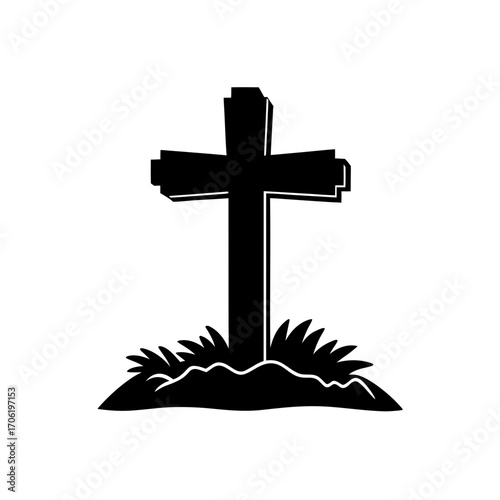 Silhouette cross on hill on transparent background