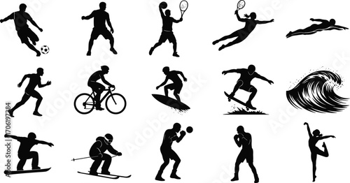 Wallpaper Mural Silhouette collection of diverse sports activities including soccer, tennis, swimming, cycling, surfing, skateboarding, skiing, boxing, dance, wave, athletic performance Torontodigital.ca