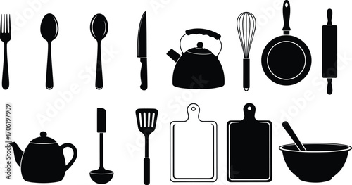 Silhouette kitchen utensils, black kitchen tools, cooking equipment vector, spoon fork knife, pan teapot bowl, whisk spatula board rolling pin