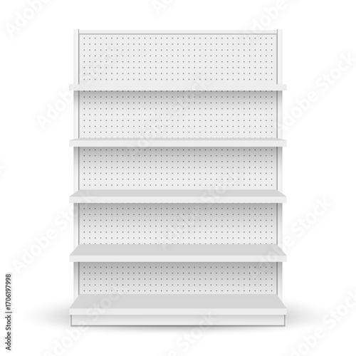 White empty store shelf rack mockup front. front view Product shelves counter design