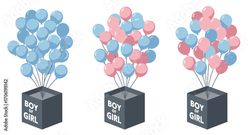 Three box and ballon for gender reveal party, vector illustration