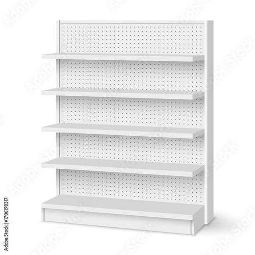 White empty supermarket shelf mockup with racks for product display. Supermarket product advertising blank.