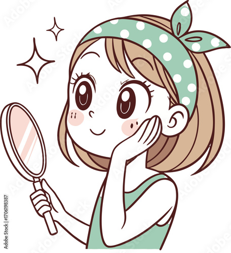 A young girl with big expressive eyes, light makeup, and soft facial features. She is holding a small round mirror in one hand 
| 肌荒れに悩んでいる女性