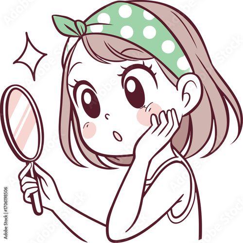 A young girl with big expressive eyes, light makeup, and soft facial features. She is holding a small round mirror in one hand 
| 肌荒れに悩んでいる女性
