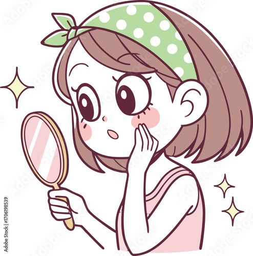 A young girl with big expressive eyes, light makeup, and soft facial features. She is holding a small round mirror in one hand 
| 肌荒れに悩んでいる女性