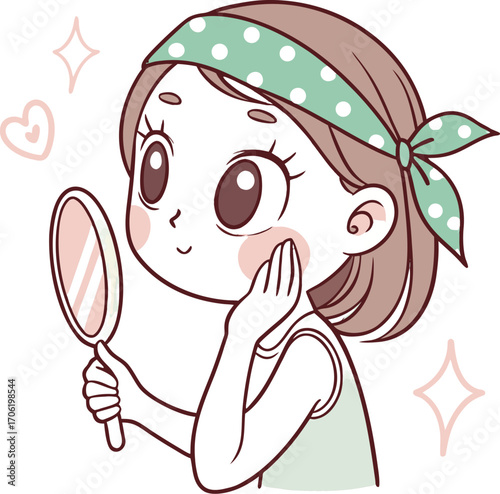 A young girl with big expressive eyes, light makeup, and soft facial features. She is holding a small round mirror in one hand 
| 肌荒れに悩んでいる女性