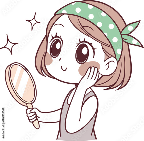 A young girl with big expressive eyes, light makeup, and soft facial features. She is holding a small round mirror in one hand 
| 肌荒れに悩んでいる女性
