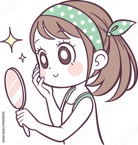 A young girl with big expressive eyes, light makeup, and soft facial features. She is holding a small round mirror in one hand 
| 肌荒れに悩んでいる女性