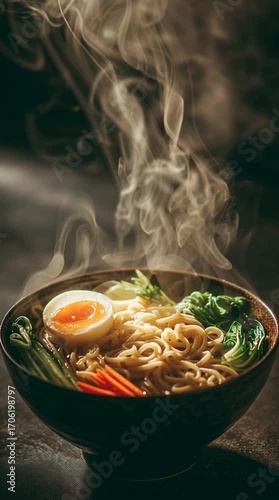 Bowl of fresh ramen noodles in broth with vegetables and egg yolk. The hot steam makes the dish feel cozy, delicious, and freshly prepared.