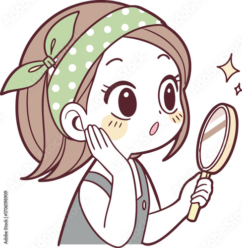 A young girl with big expressive eyes, light makeup, and soft facial features. She is holding a small round mirror in one hand 
| 肌荒れに悩んでいる女性