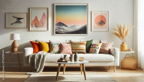 Cozy living room with a white sofa, colorful pillows, and artwork on the wall, creating a warm and inviting atmosphere