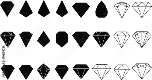 Diamond gemstone vector shapes collection, geometric crystal outlines, jewelry icon set, black and white precious stone symbols, gem cut illustration