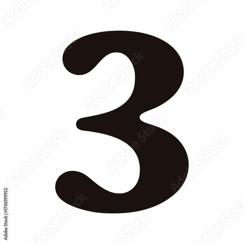 Bold black number three on white background-Large black number three displayed on a plain white background, ideal for math, counting, numbering, or educational graphic design.