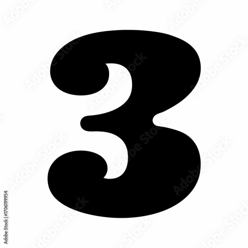 Bold black silhouette of number three-Vector illustration of the number three in solid black silhouette style, suitable for math, education, typography, counting, and graphic design projects.