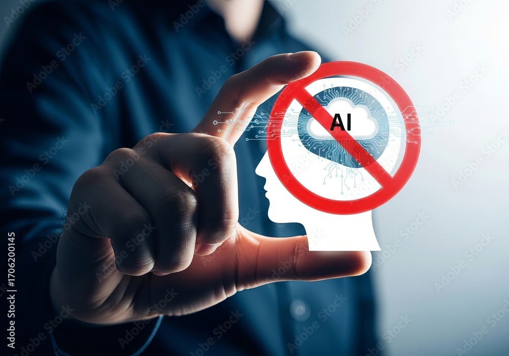 custom made wallpaper toronto digitalA creative representation highlighting concerns about AI, featuring a hand holding a graphic of a human head with a 'no AI' symbol.