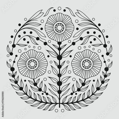 Folk Art Floral Mandala, Traditional Decorative Flower Pattern, vector illustration