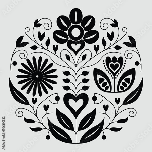 Folk Art Floral Mandala, Traditional Decorative Flower Pattern, vector illustration