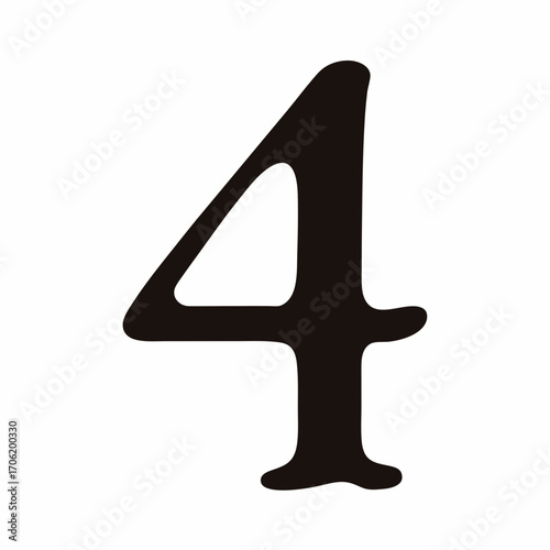 Bold black number four on white background-Large black number four displayed on a plain white background, ideal for mathematics, numbering, education, design projects, or digital graphics.