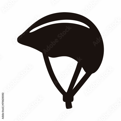 Silhouette of aerodynamic cycling helmet icon-Black vector illustration of a streamlined cycling helmet with chin straps, representing protective sports gear for safe bicycle riding.