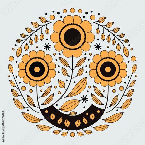 Folk Art Floral Mandala, Traditional Decorative Flower Pattern, vector illustration