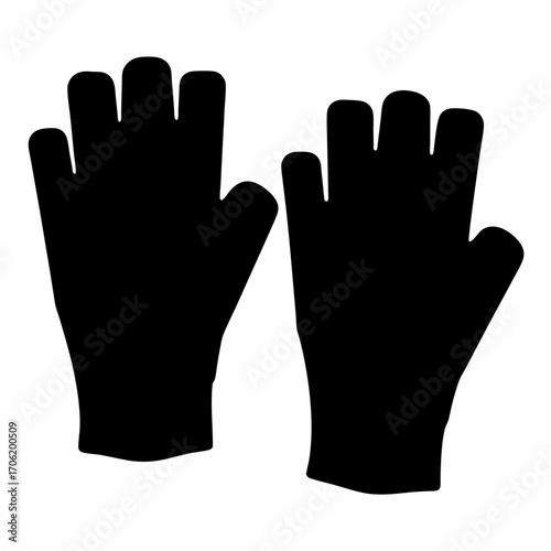 Silhouette of a pair of gloves isolated-Black silhouette illustration of two gloves shown flat on a white background, useful for icons, signs, clothing or safety graphics.