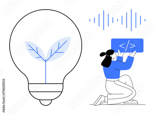 Tree sprout inside light bulb, soundwave pattern, developer writing code on computer. Ideal for technology, innovation, sustainability, coding, green energy, eco-friendly simple landing page