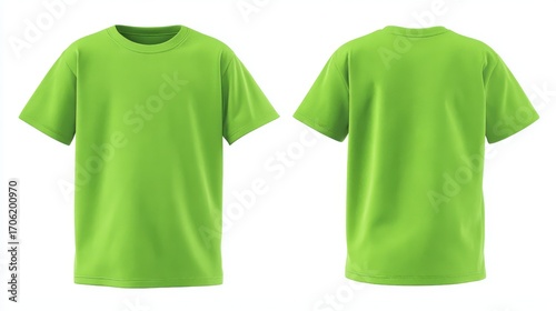 Stunning photo of blank neon green kids t-shirt mockup front, back view. Isolated on white background. Studio shot of plain neon green shirt. Casual attire. Empty template.