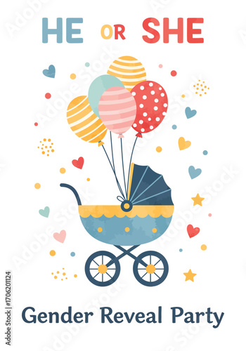 Poster gender reveal party with baby carriage and  ballon, vector illustration