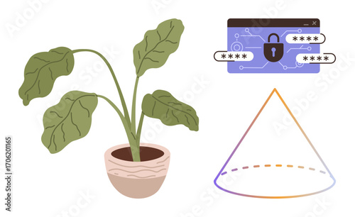 Potted plant with broad green leaves, cybersecurity lock interface with passwords, and a gradient-outlined triangle. Ideal for security, sustainability, technology, nature, growth, innovation simple