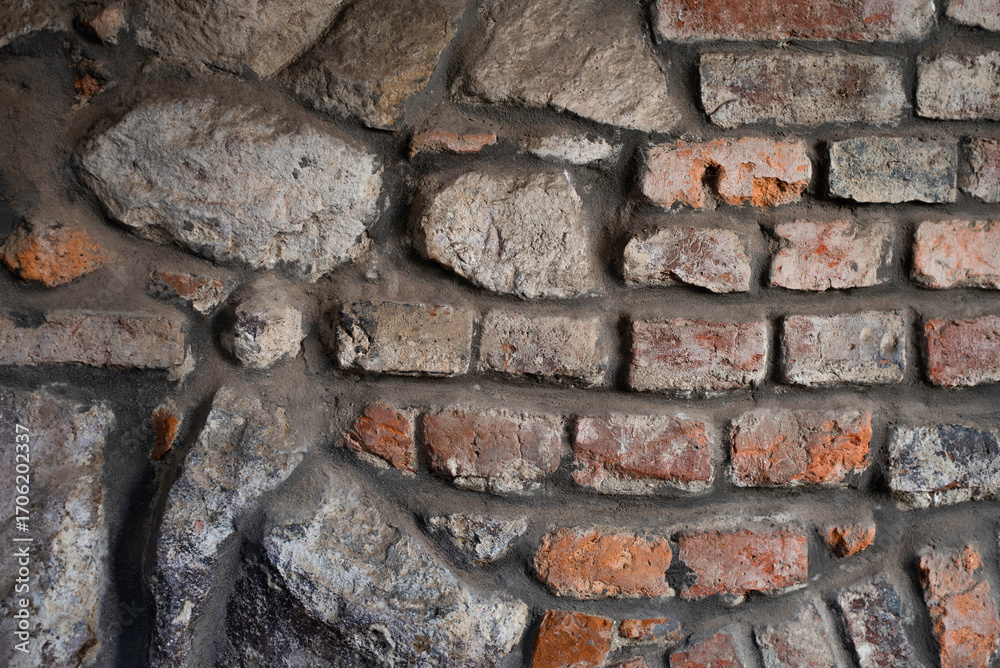 Rustic brick and stone wall with scattered textures and colors. Close-up view of an aged brick and stone wall showcasing varied textures walls of old church Rustic brick and stone wall with scattered textures and colors. Close-up view of an aged brick and stone wall showcasing varied textures walls of old church