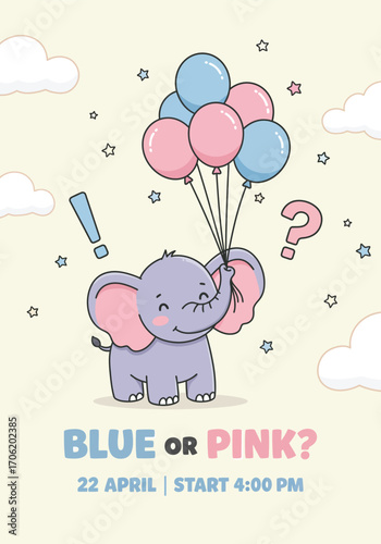 Vector illustration elephant holding a ballon, gender reveal party poster