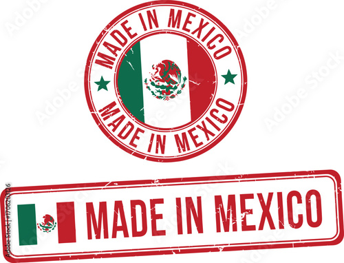 Made in Mexico Stamp Badges Green White and Red Colors Grunge Isolated