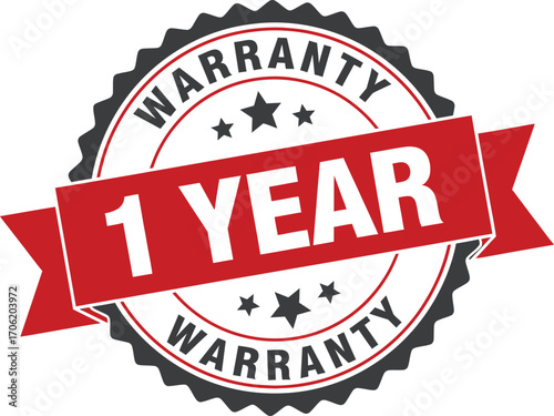 One Year Warranty Badge with Ribbon Banner and Star Symbols in Grey Red and White
