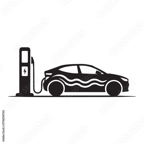 Black silhouette of an electric car charging at a charging station, isolated on white background technology background