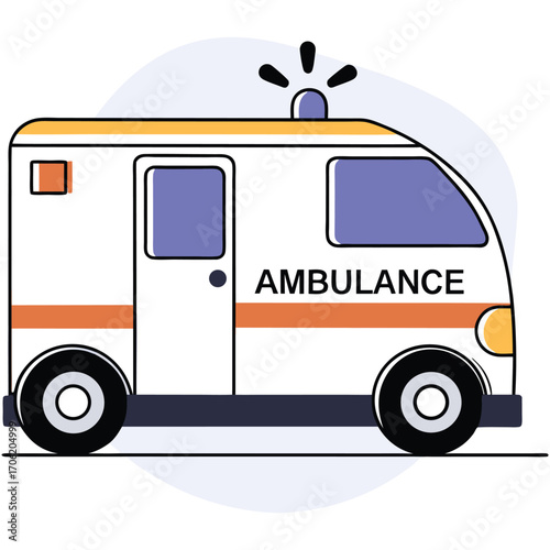 Vector art of modern flat illustration of an ambulance with flashing lights